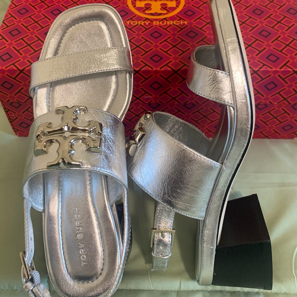 Tory Burch Eleanor Heel Sandal 55mm Metallic Leather-Silver s.5
